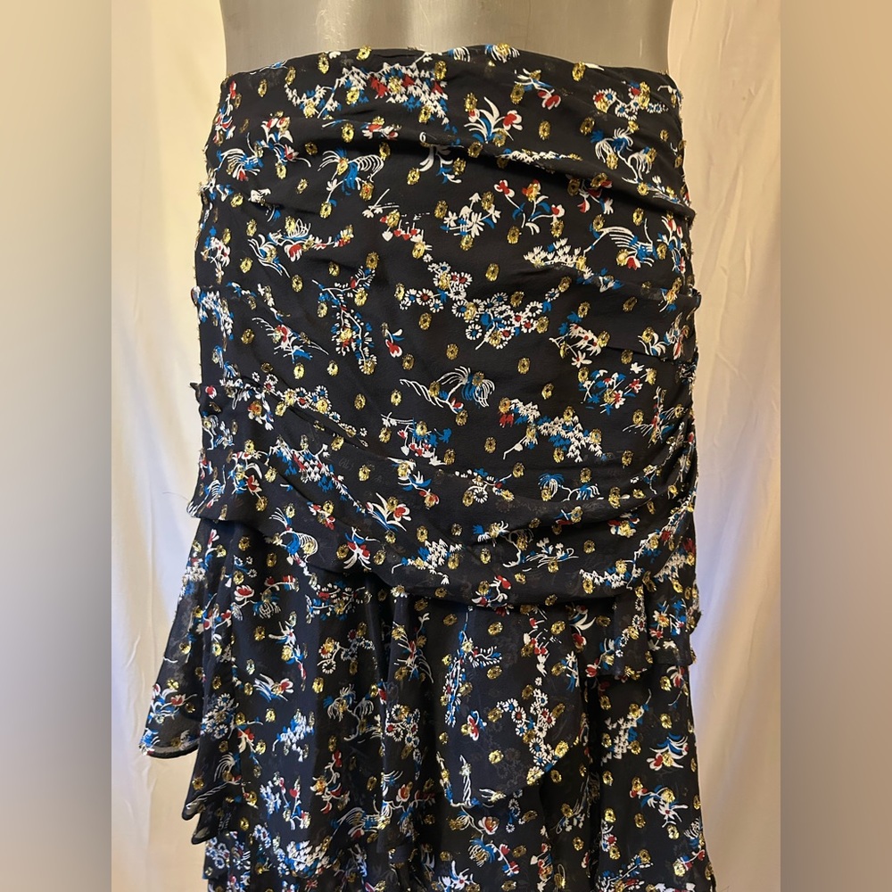 Veronica Beard Silk Gold Red Blue Black Ruffle Tiered Asymmetrical Dress Skirt - Picture 4 of 11